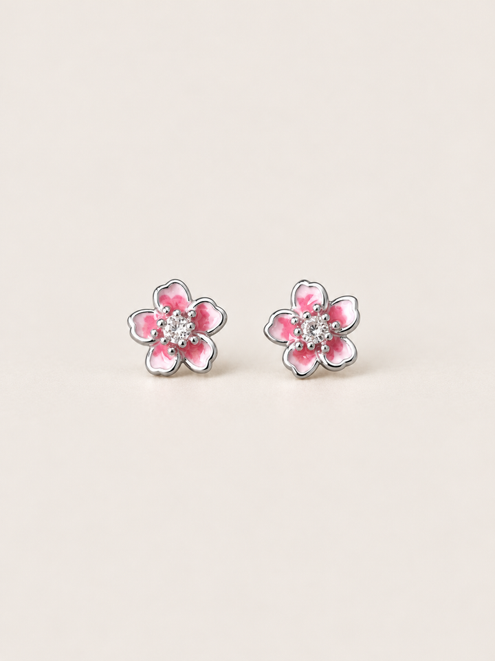 Pink Flower Stud Earrings shown on a warm neutral background