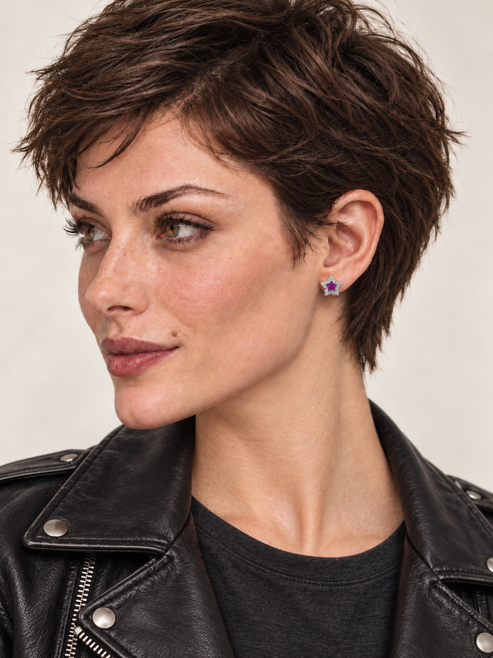 Pink Star Stud Earrings worn on a model