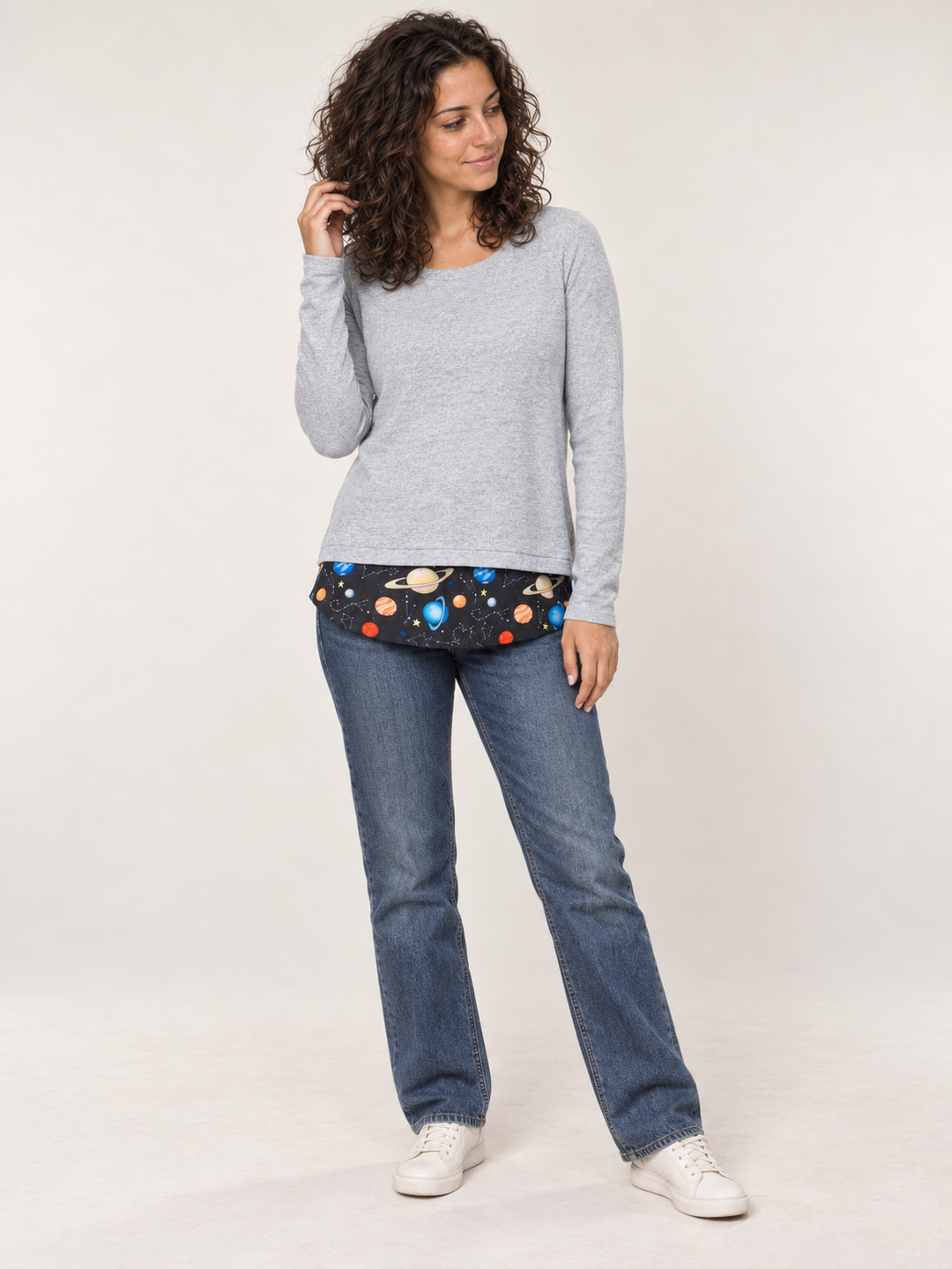 Model wearing Planets Open Back Sweater, full body view