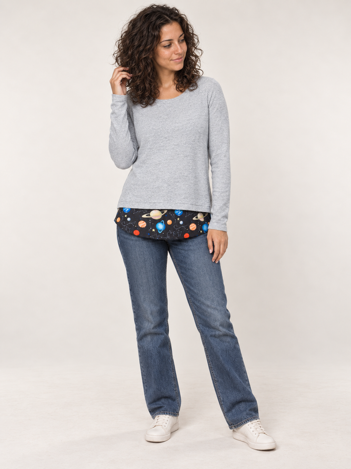 Model wearing Planets Open Back Sweater, full body view