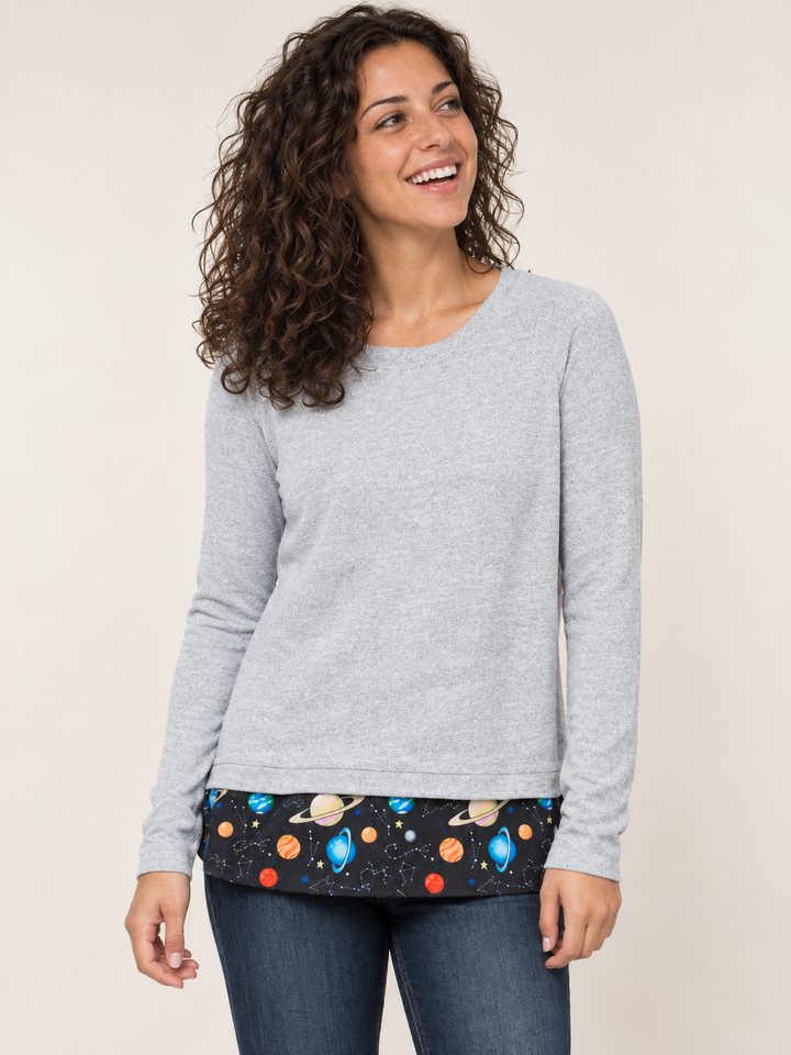 Model wearing Planets Open Back Sweater, front view