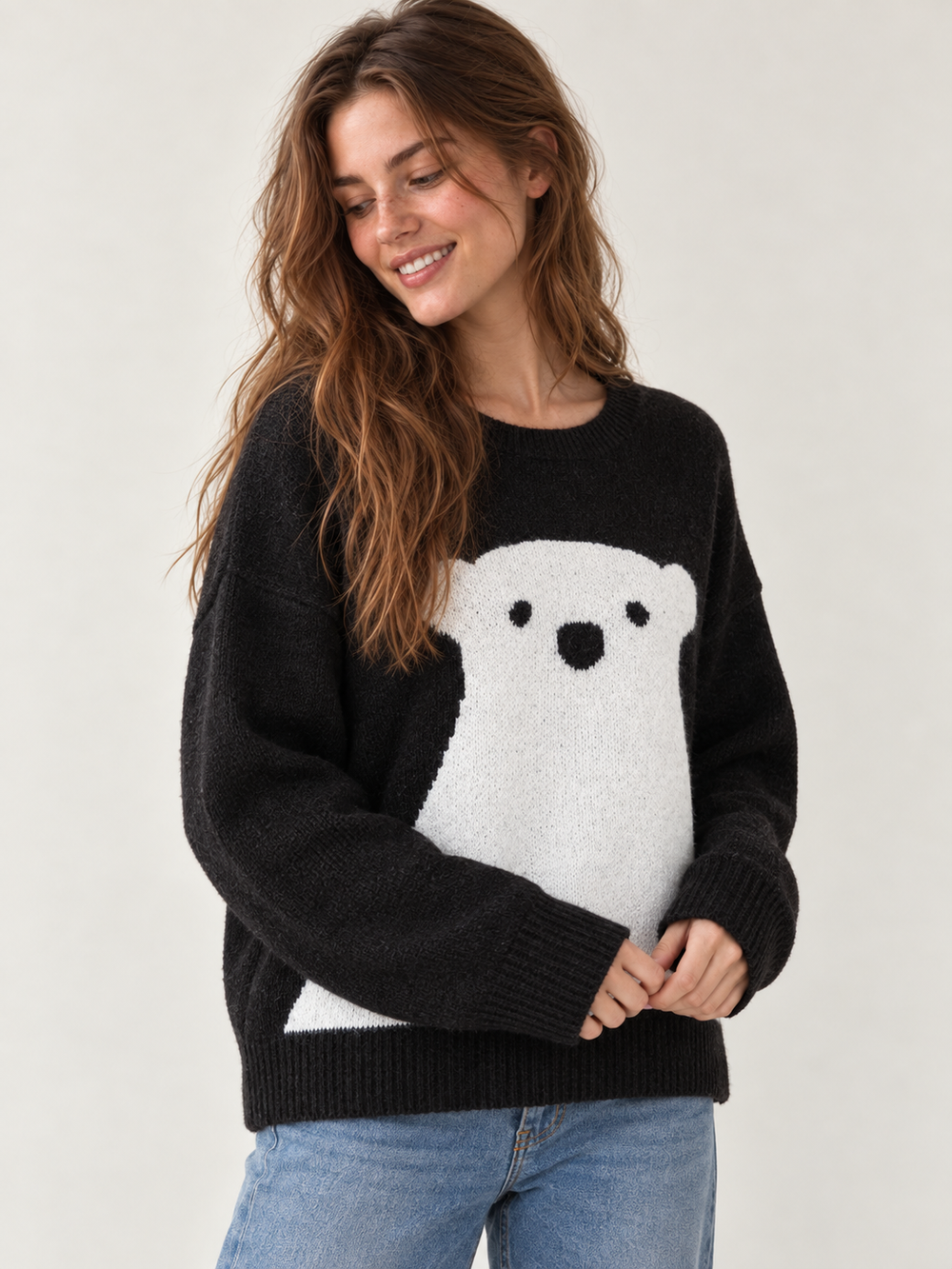 Model wearing Polar Bear Sweater Black, three-quarter view