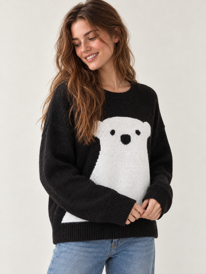Model wearing Polar Bear Sweater Black, three-quarter view