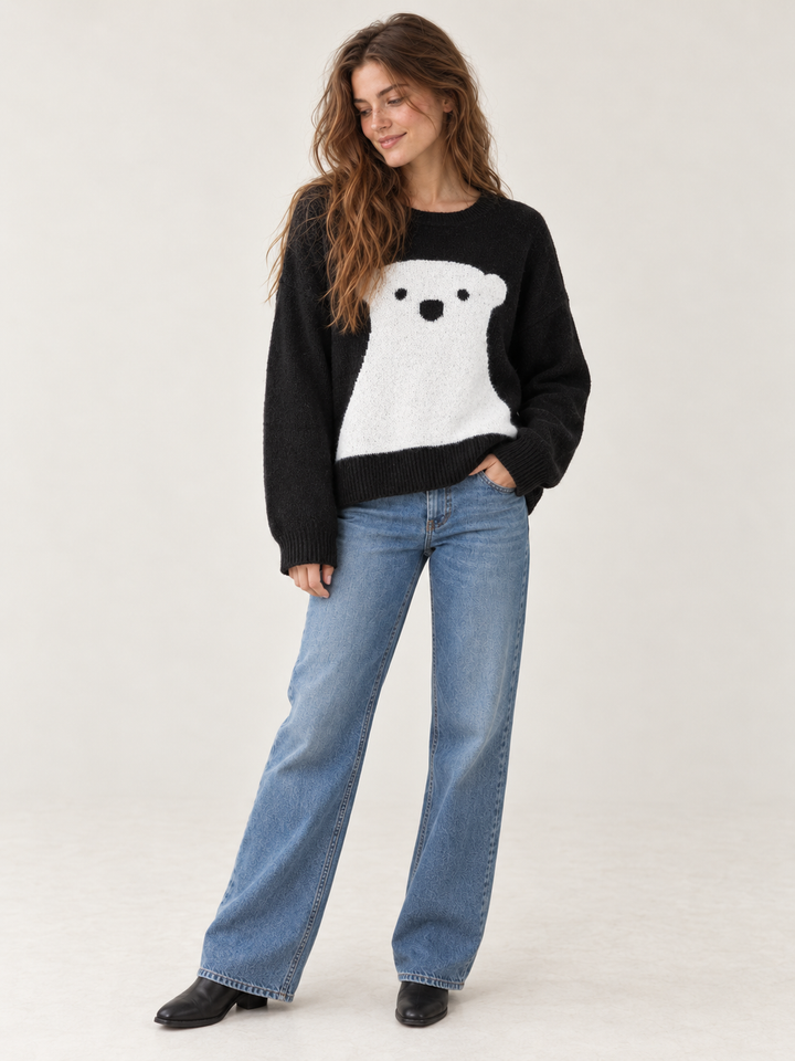 Model wearing Polar Bear Sweater Black, full-body view
