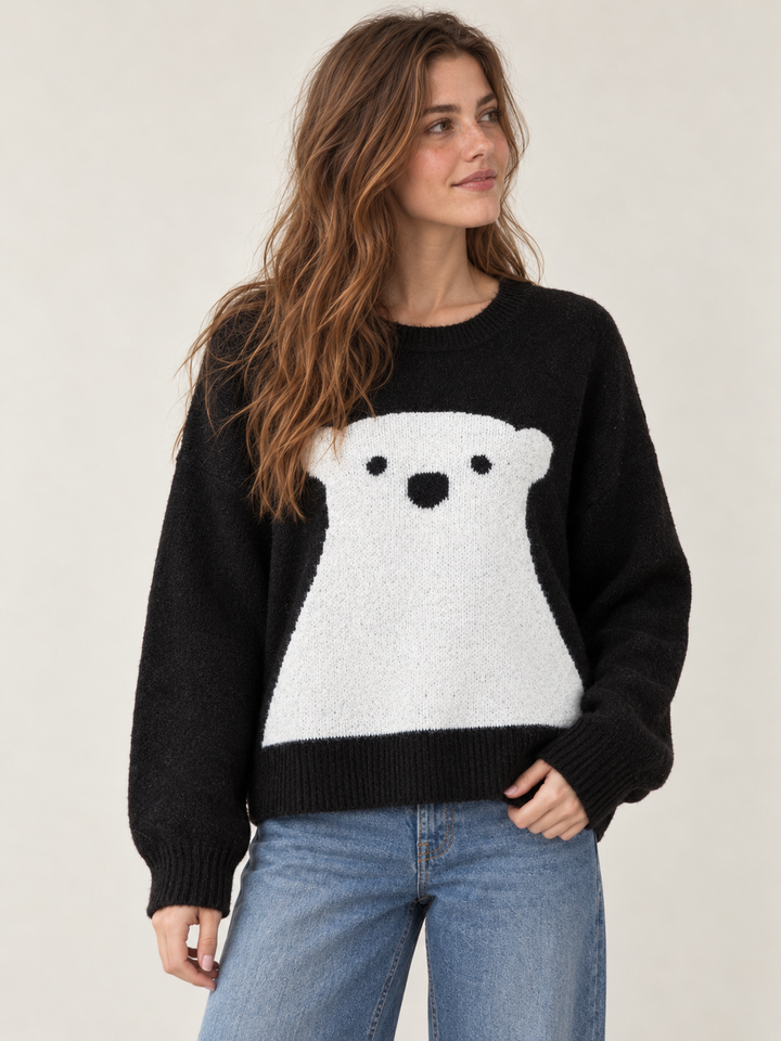 Model wearing Polar Bear Sweater Black, front view