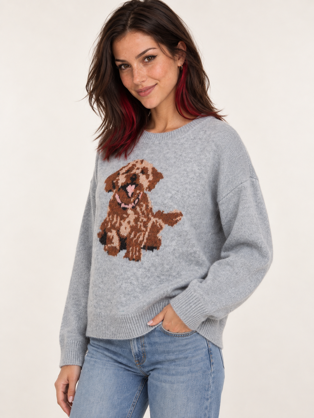 Model wearing Puppy Sweater Gray, 45-degree view