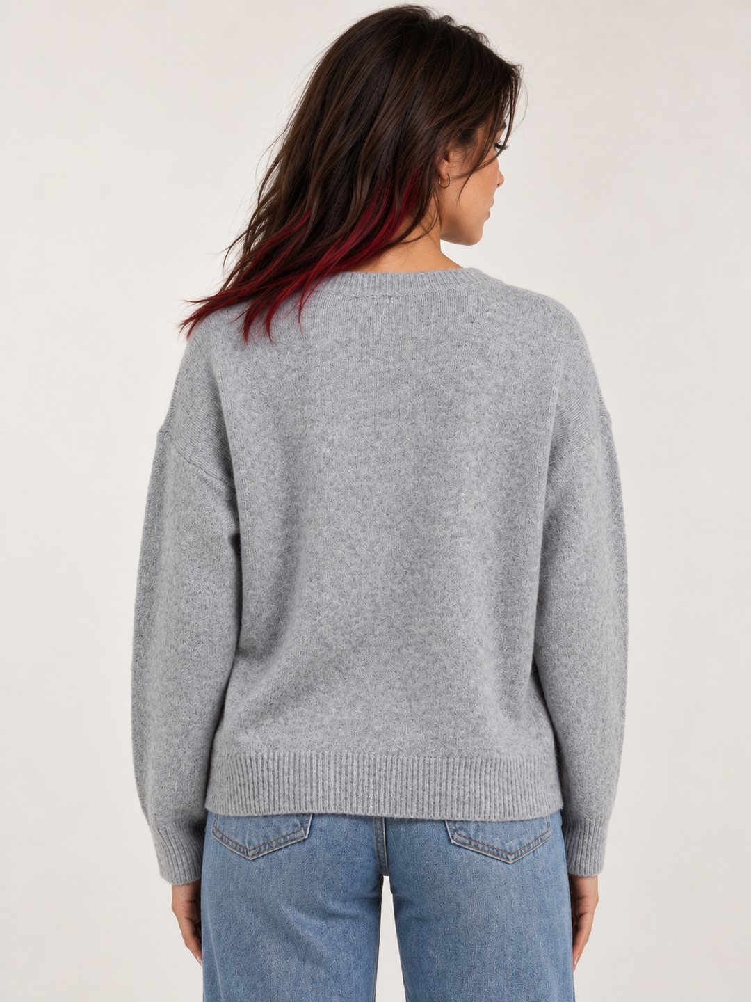 Model wearing Puppy Sweater Gray, back view