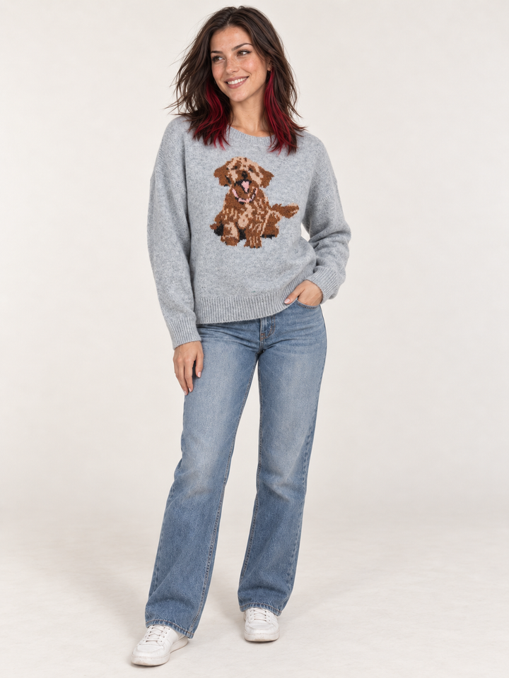 Model wearing Puppy Sweater Gray, full-body front view