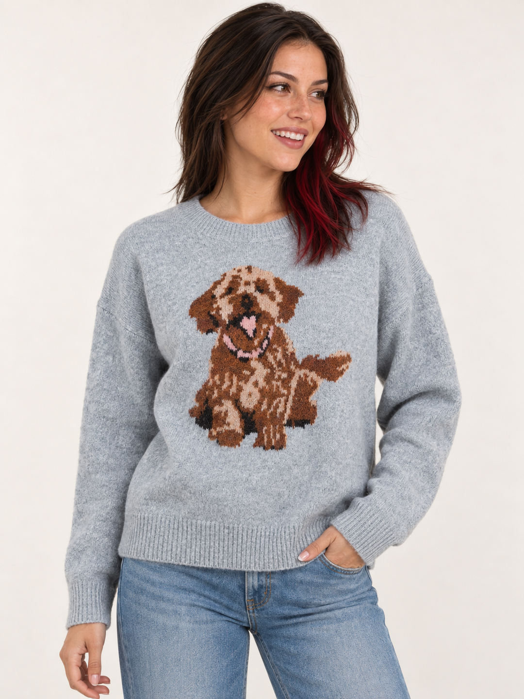 Model wearing Puppy Sweater Gray, front view