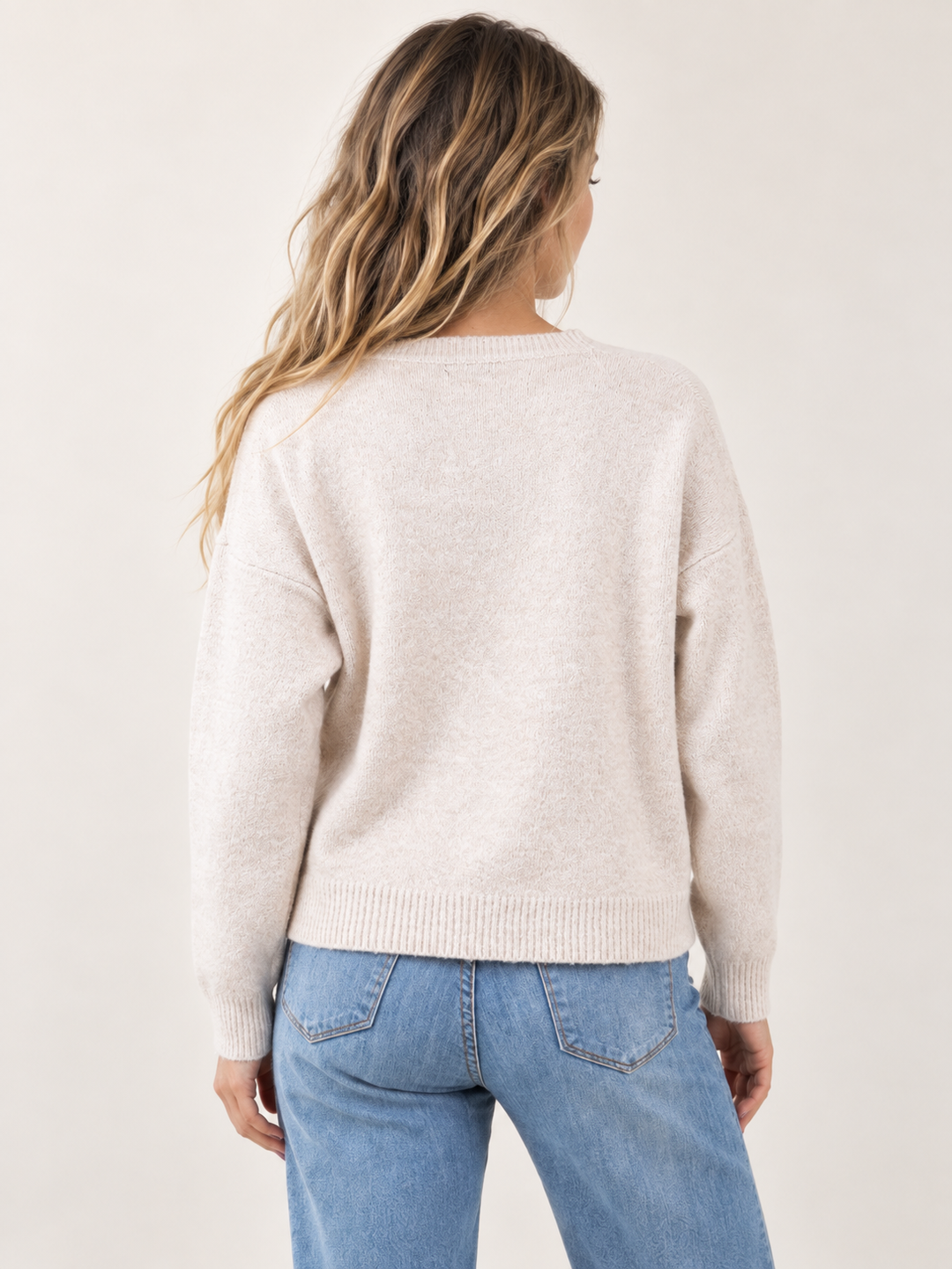 Puppy Sweater Taupe back view on model