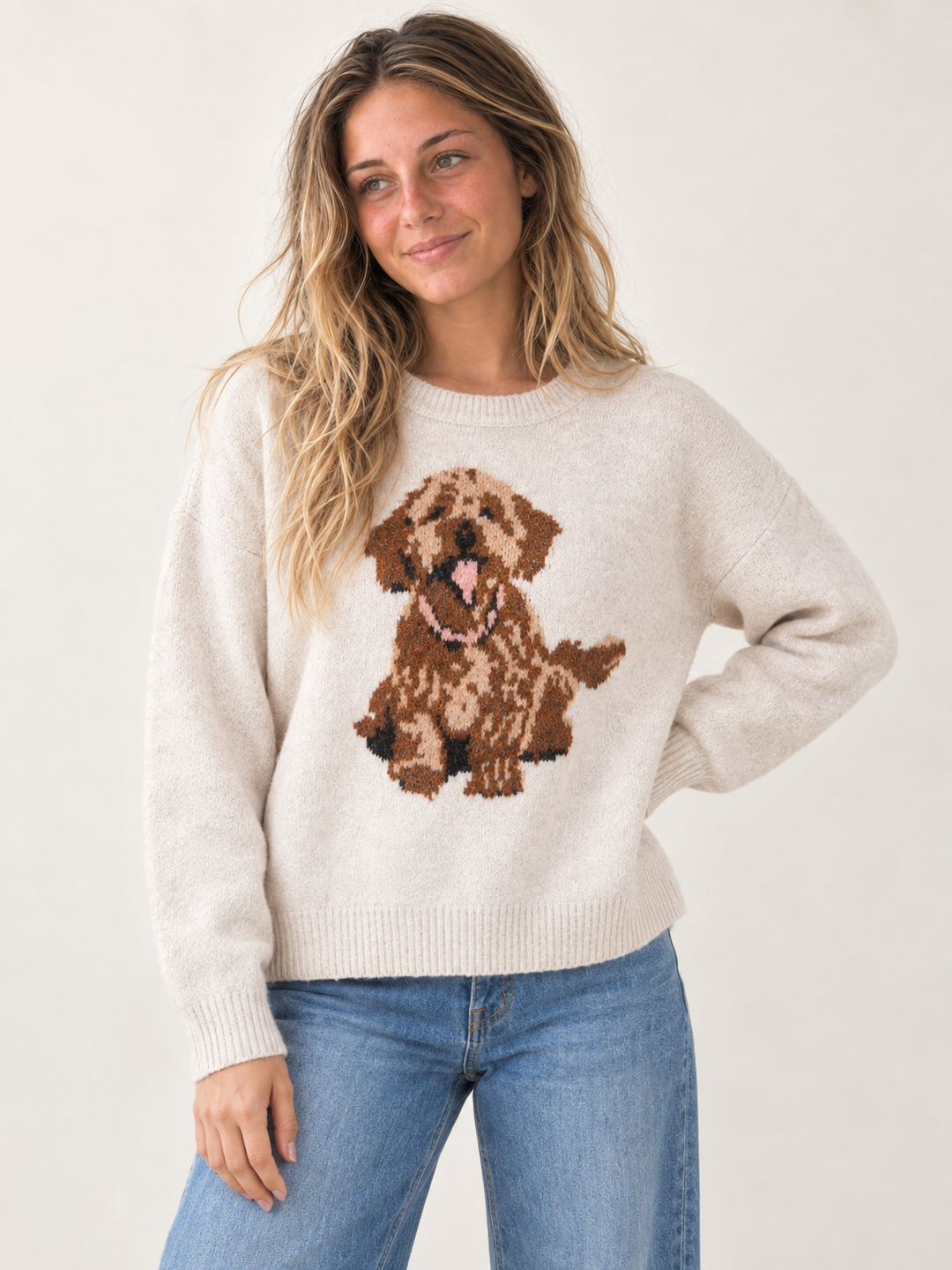 Puppy Sweater Taupe front view on model