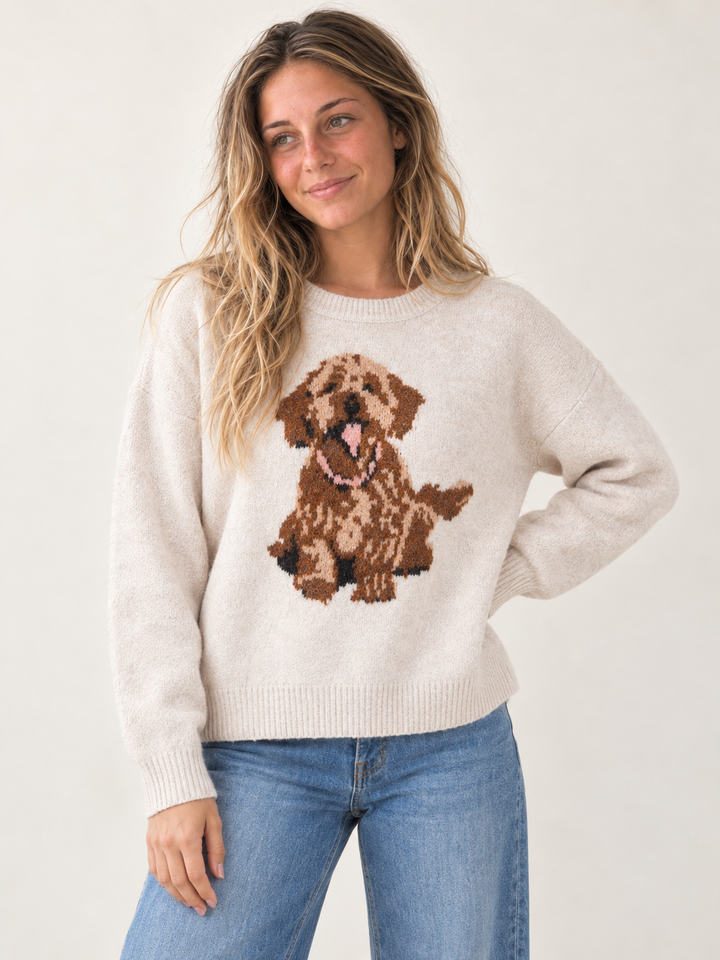 Puppy Sweater Taupe front view on model