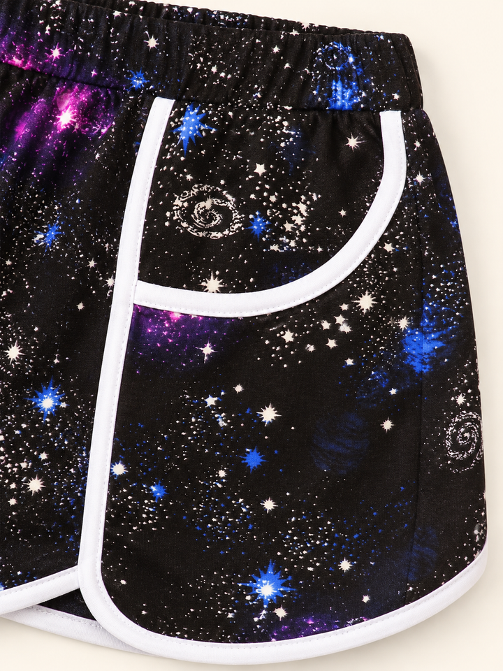 Purple Galaxy Shorts fabric and pattern close-up