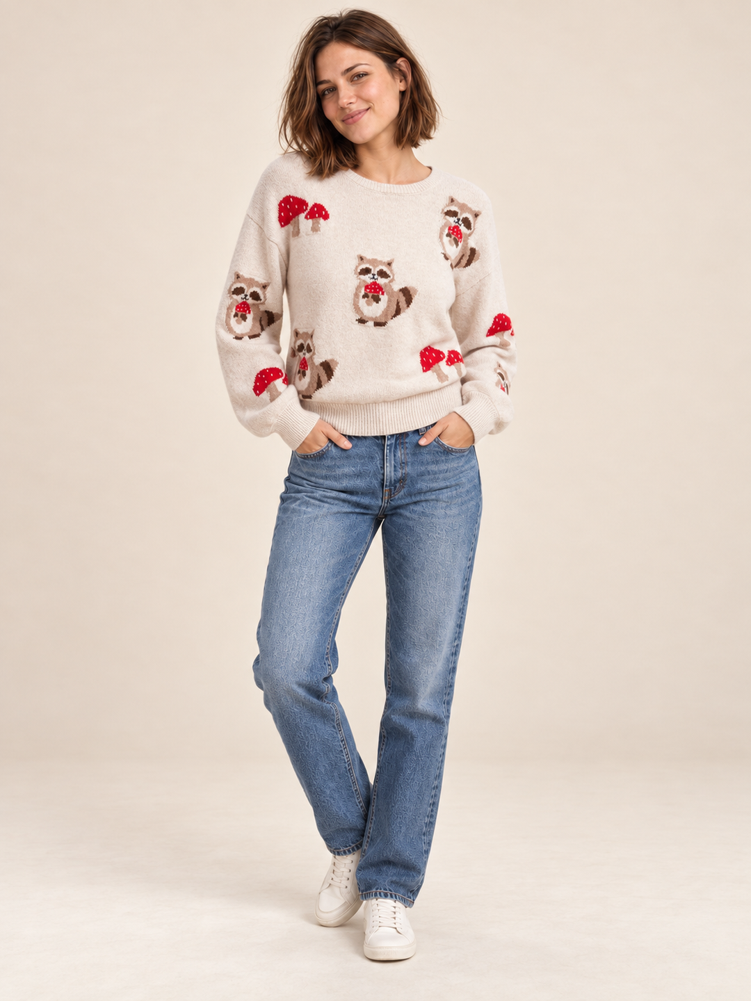 Raccoon Mushroom Sweater Oatmeal full-body view on model