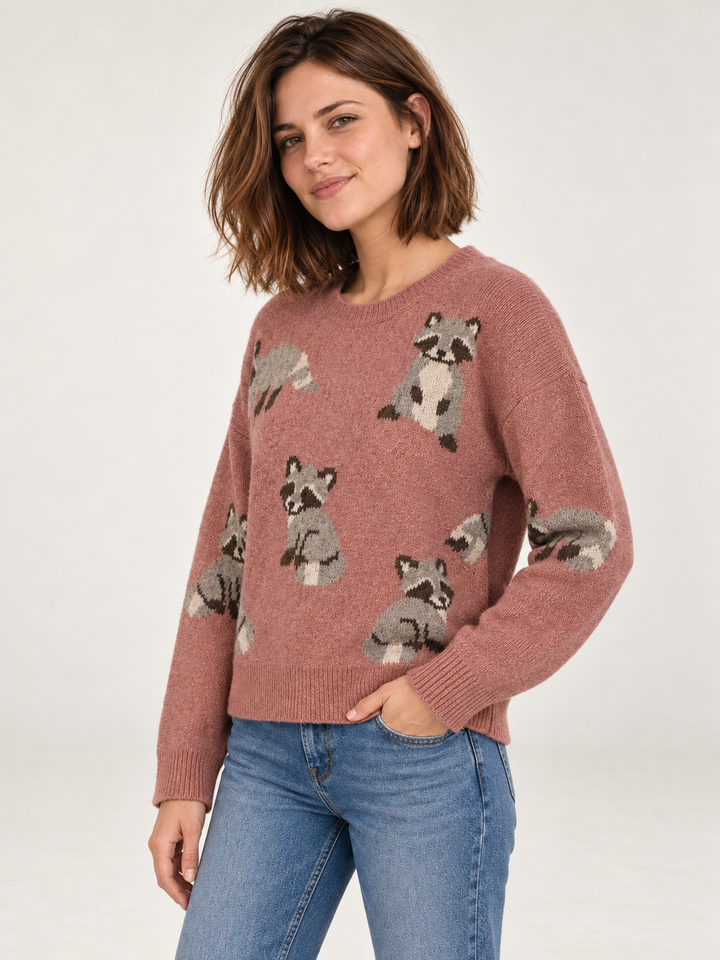 Model wearing Raccoon Sweater Mauve, angled view