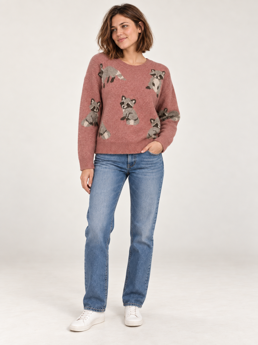 Model wearing Raccoon Sweater Mauve, full-body view