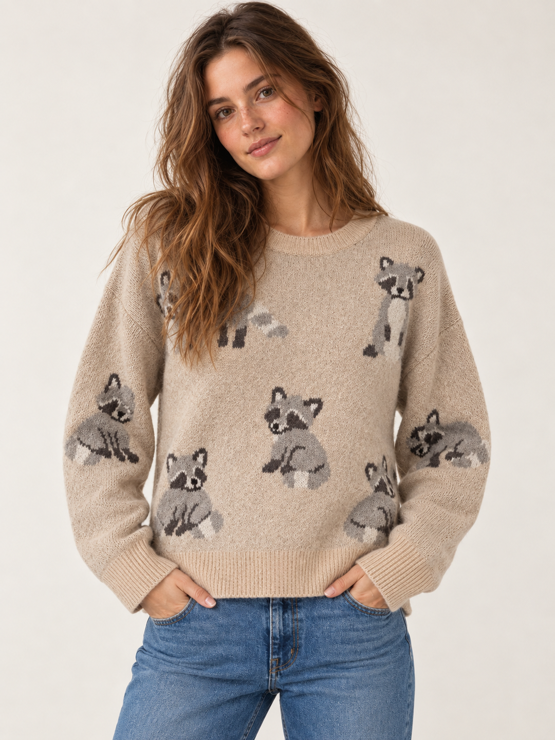 Raccoon Sweater Taupe front view on model