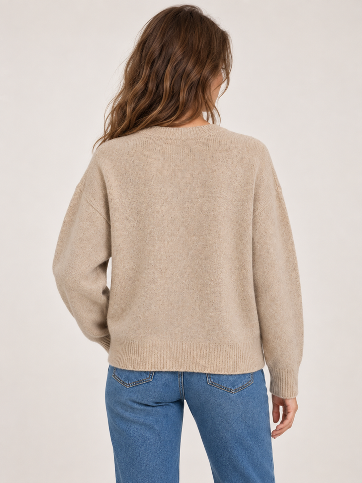 Raccoon Sweater Taupe back view on model