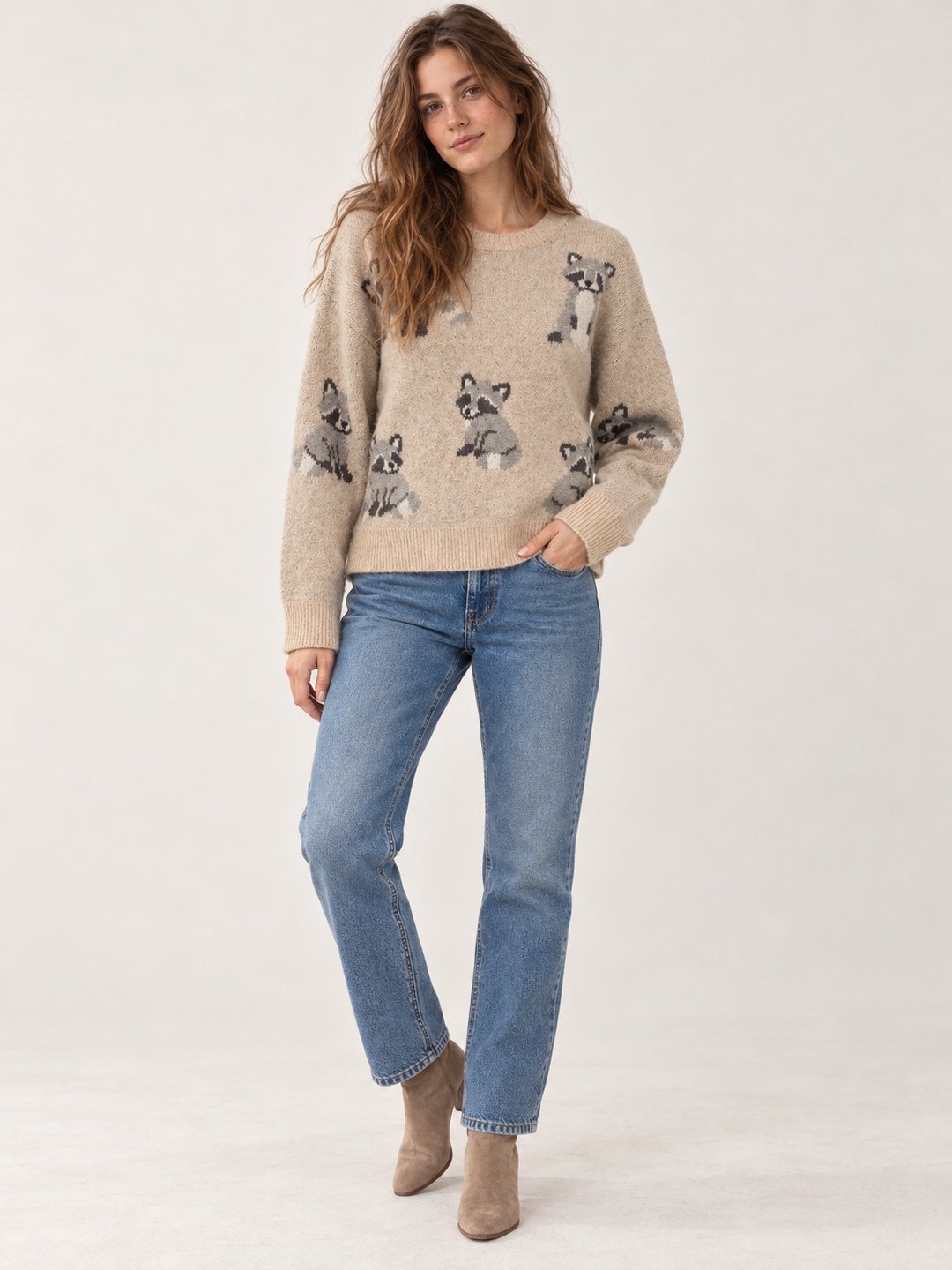 Raccoon Sweater Taupe full-body view on model