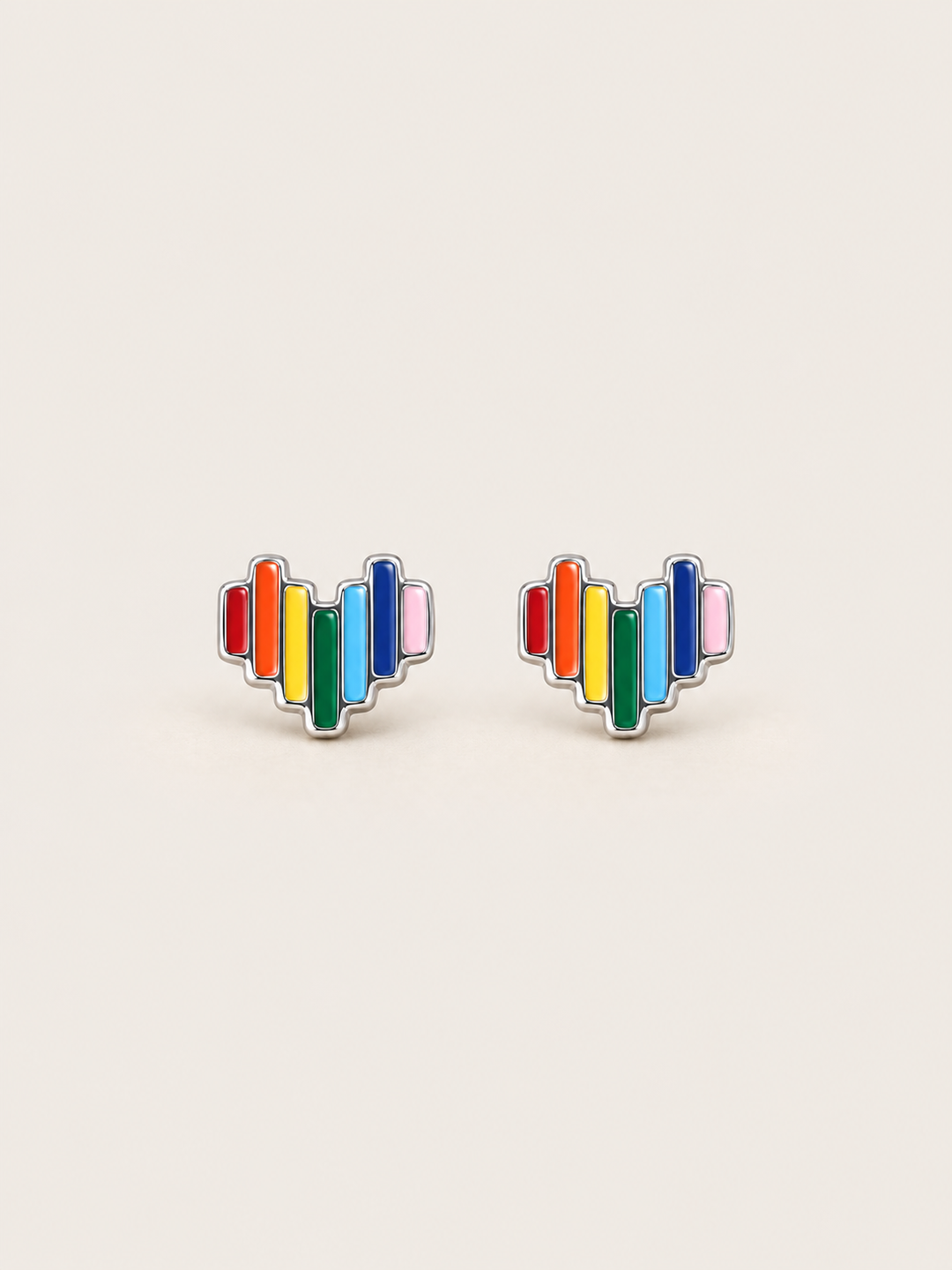 Rainbow Heart Stud Earrings shown on a warm neutral background