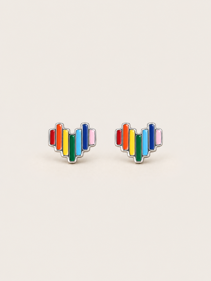 Rainbow Heart Stud Earrings shown on a warm neutral background