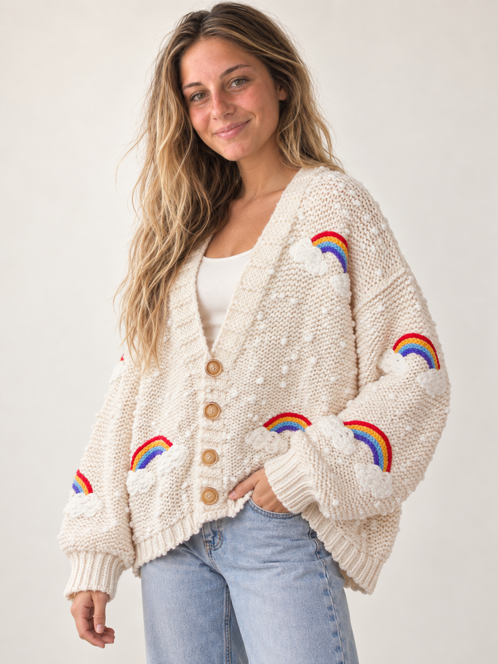 Three-quarter view of oversized Rainbow Overstitch Cardigan Ivory on model
