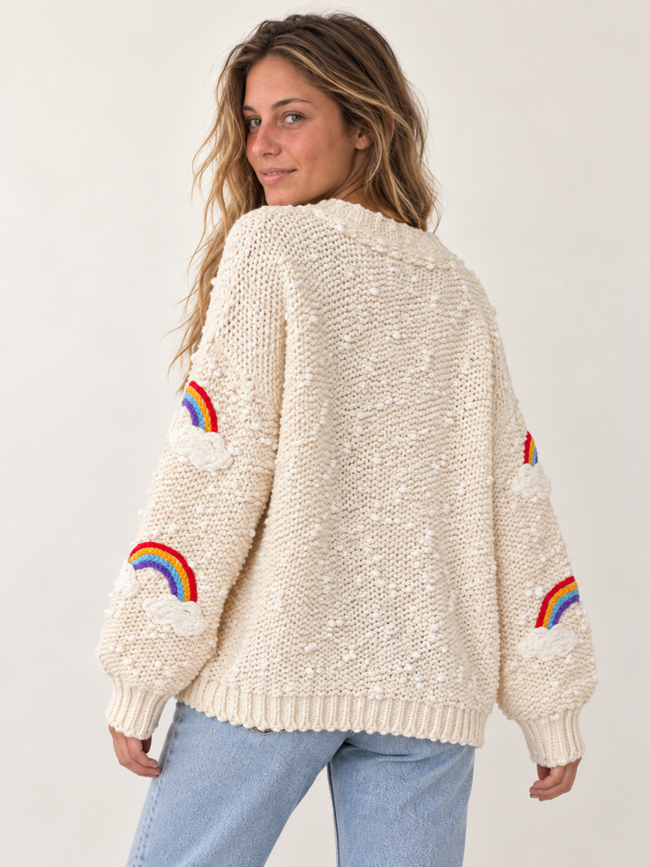 Back view of oversized Rainbow Overstitch Cardigan Ivory on model