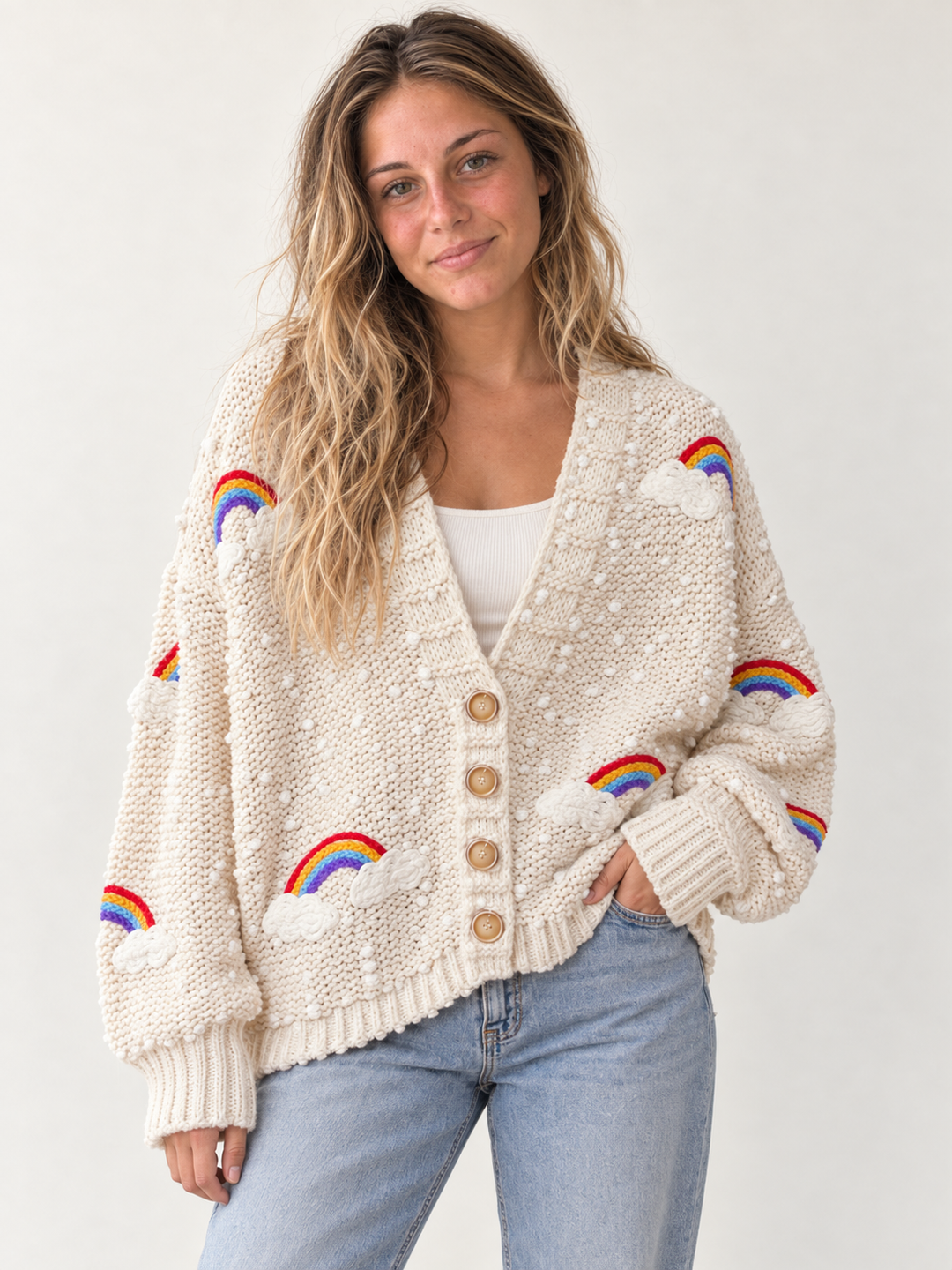 Front view of oversized Rainbow Overstitch Cardigan Ivory on model
