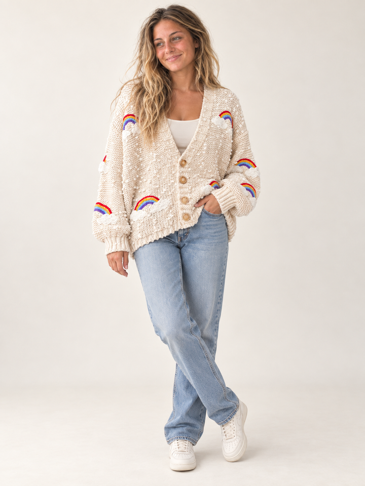 Full-body view of oversized Rainbow Overstitch Cardigan Ivory on model