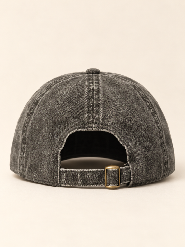 Rather Awesome washed black hat, back view