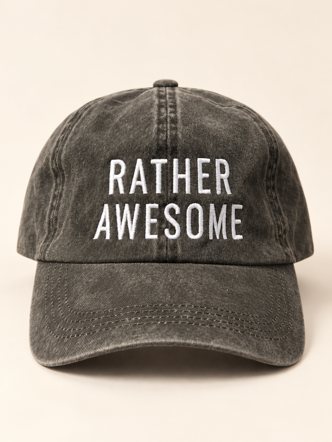 Rather Awesome washed black hat, front view