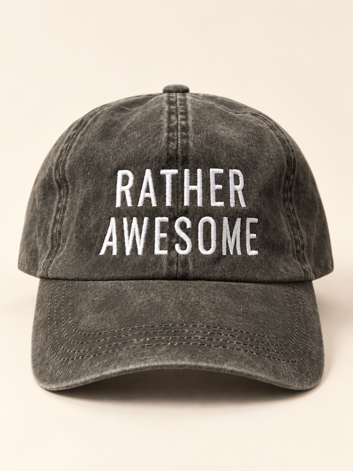 Rather Awesome washed black hat, front view
