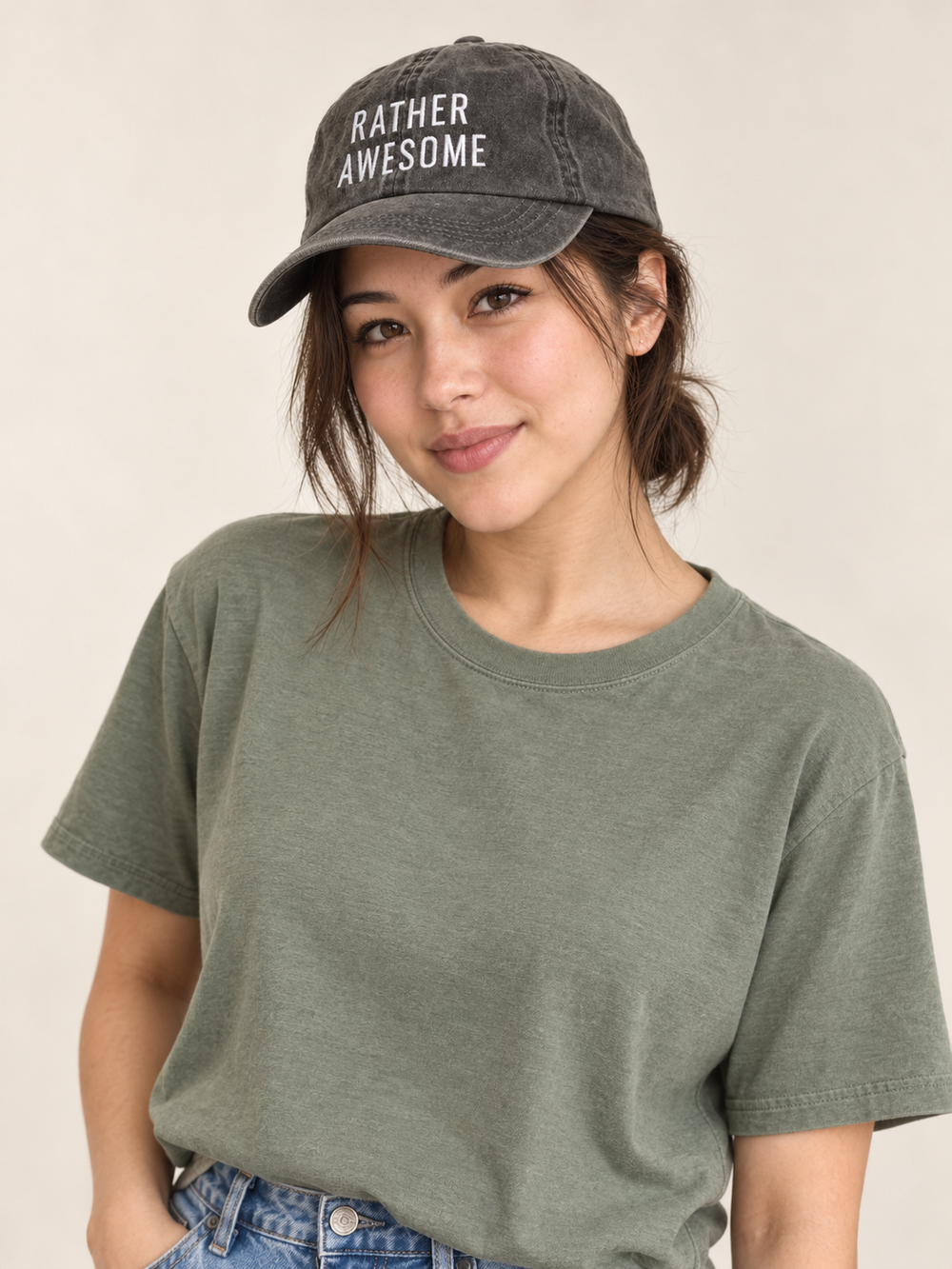 Model wearing the Rather Awesome washed black hat