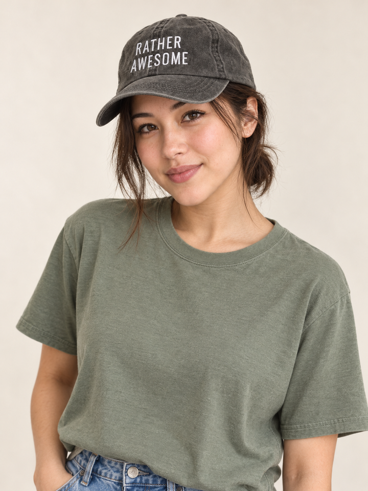 Model wearing the Rather Awesome washed black hat