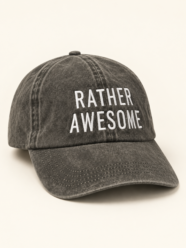 Rather Awesome washed black hat, front three-quarter view