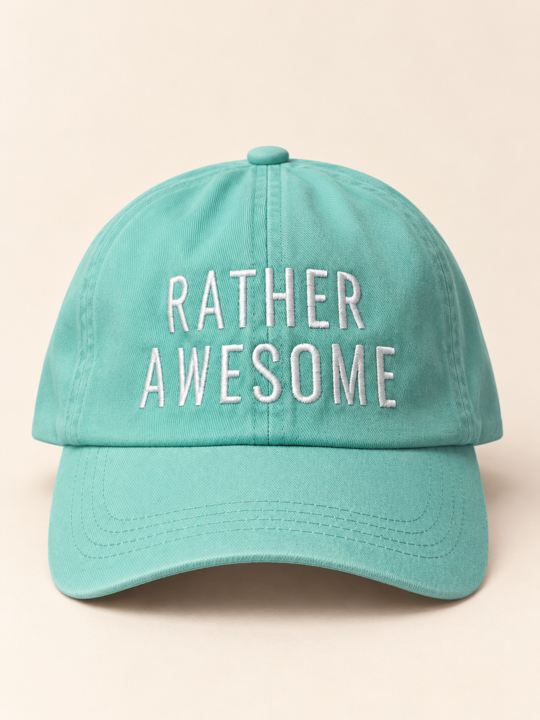 Rather Awesome teal hat, front view