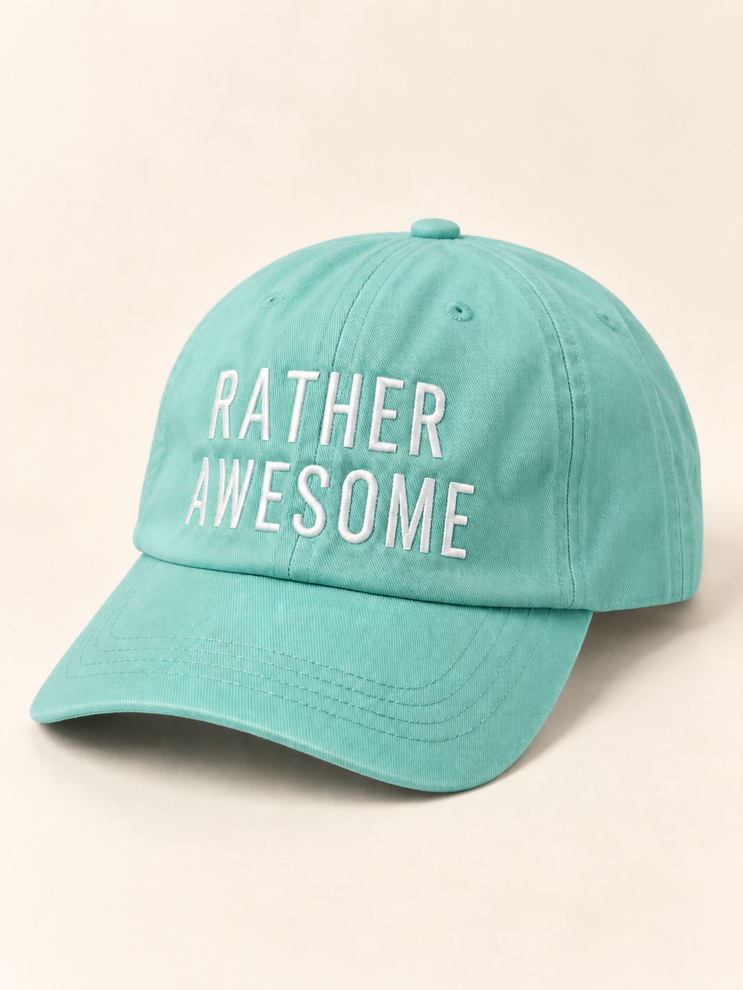 Rather Awesome teal hat, three-quarter view