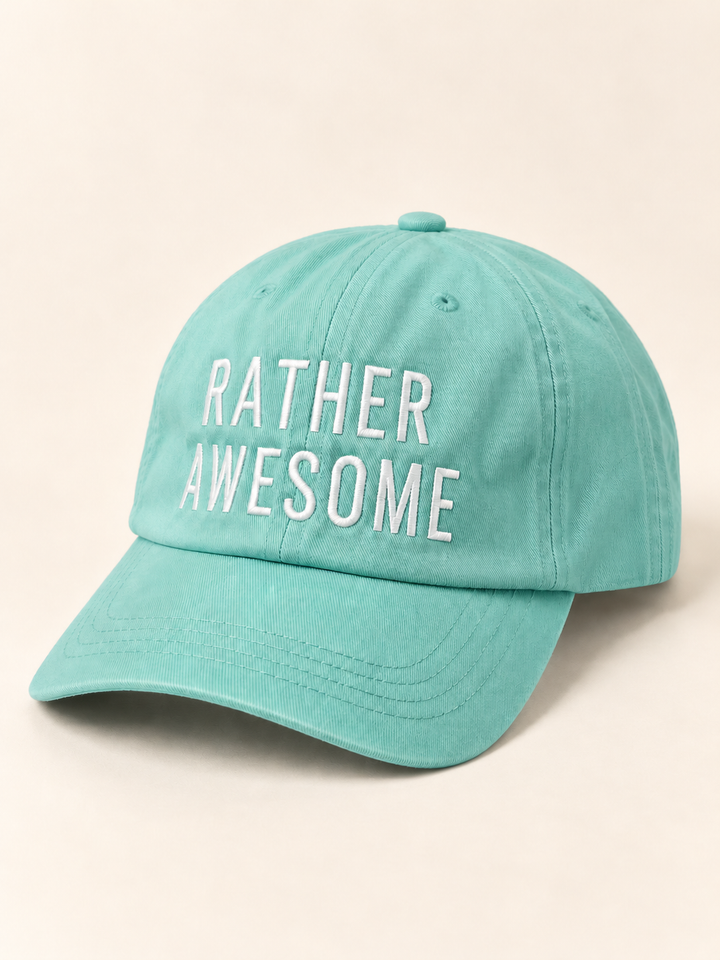 Rather Awesome teal hat, three-quarter view