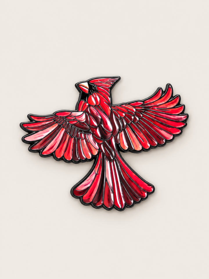 Red Cardinal Wings Spread Pin shown on a warm neutral background