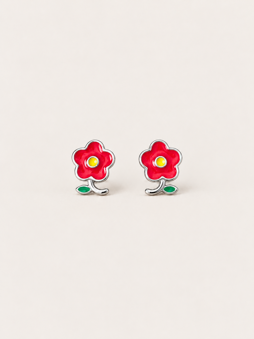 Red Flower Stud Earrings shown on a warm neutral background
