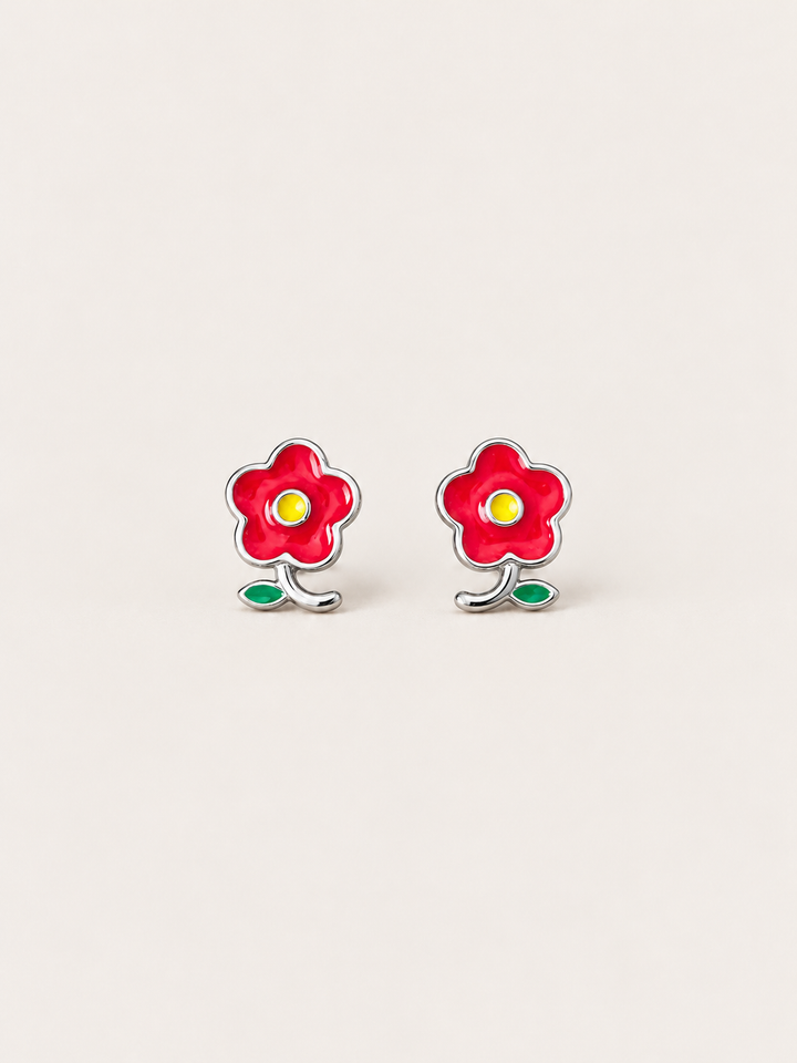 Red Flower Stud Earrings shown on a warm neutral background