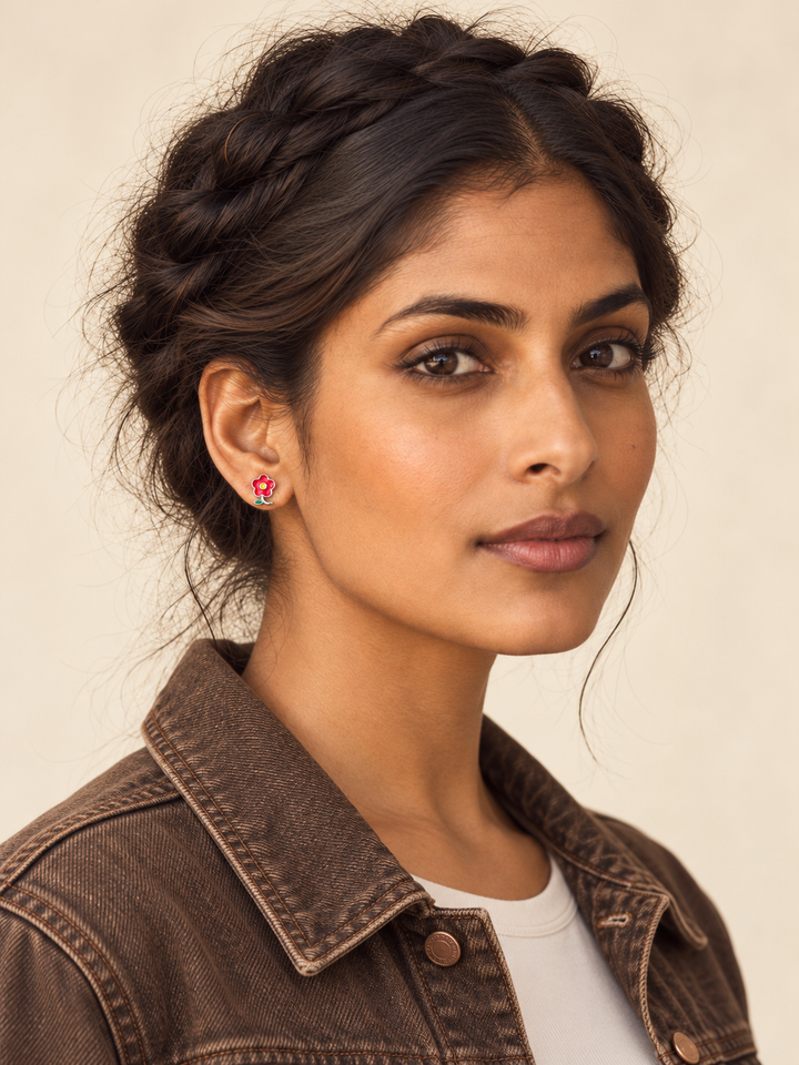 Red Flower Stud Earrings worn on a model