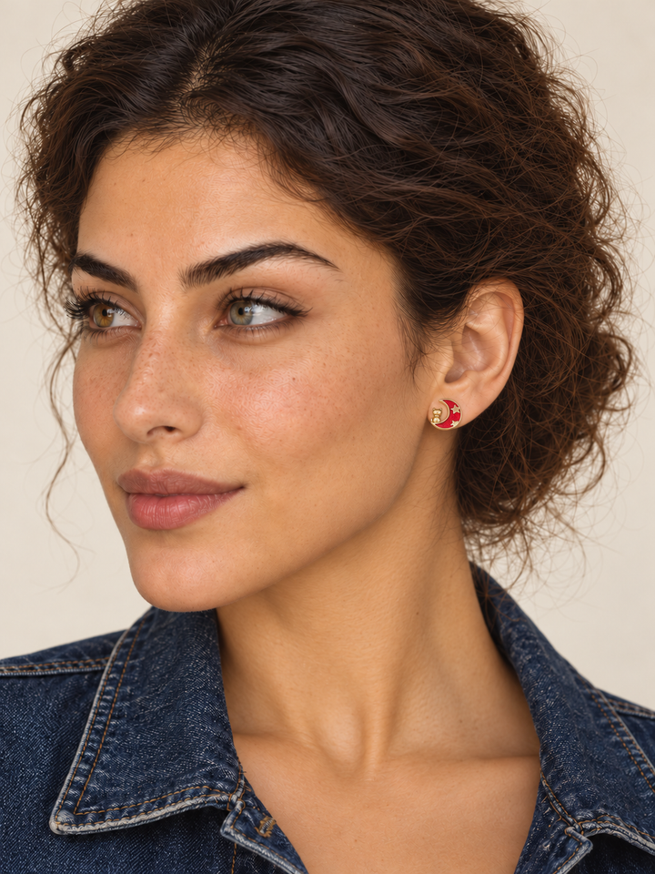 Gold Red Moon and Cat Stud Earring worn on a model