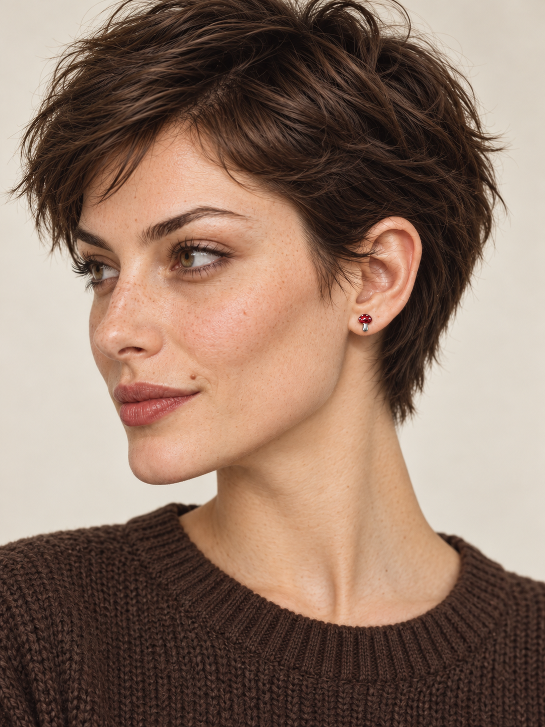Red Mushroom Stud Earrings worn on the viewer-right ear of a model in a brown sweater