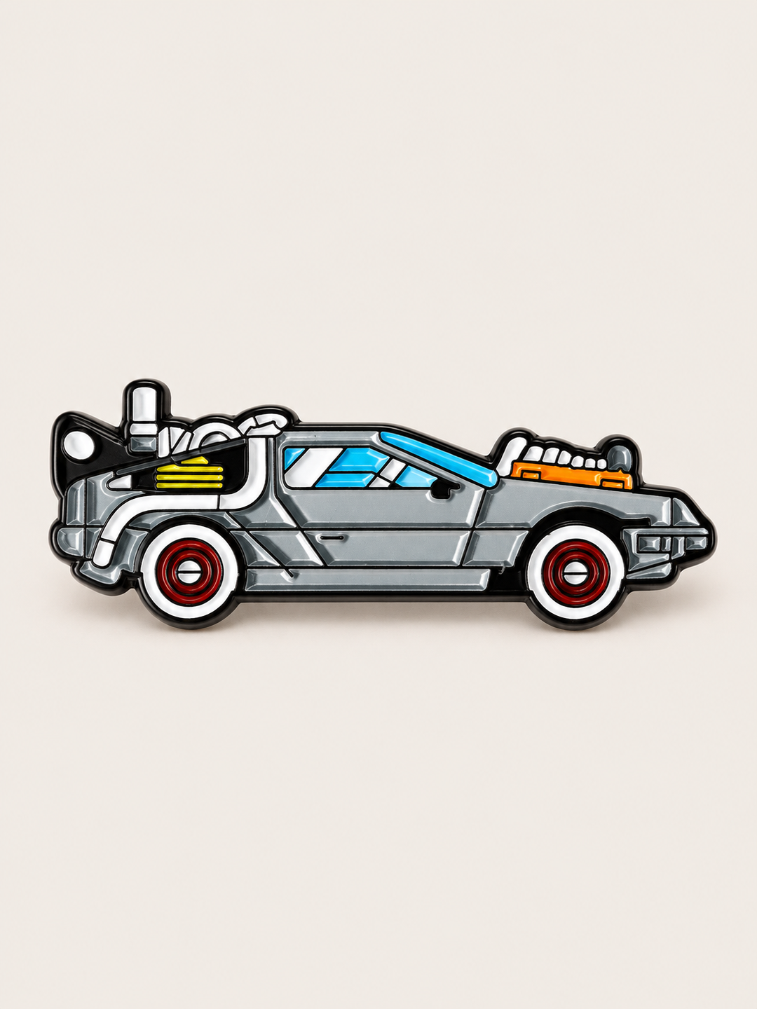 Retro Time Machine Car Pin shown on a warm neutral background