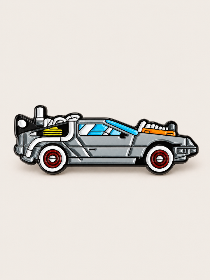 Retro Time Machine Car Pin shown on a warm neutral background