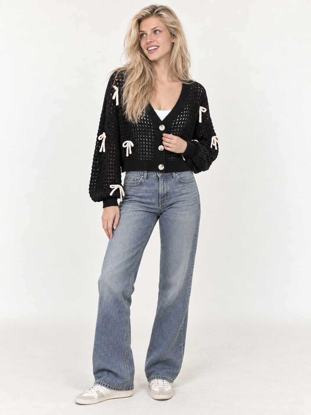 Model wearing the Ribbon Open Knit Cardigan Black — full-body view
