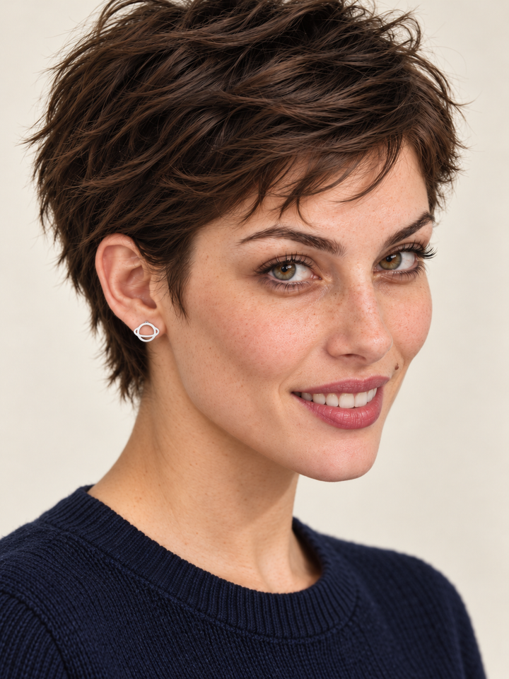 Ringed Planet Stud Earrings worn in silver on a smiling model
