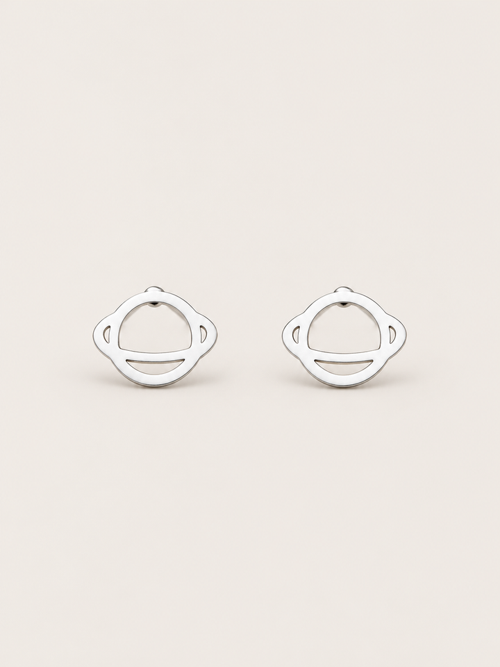 Ringed Planet Stud Earrings silver main view on a warm neutral background