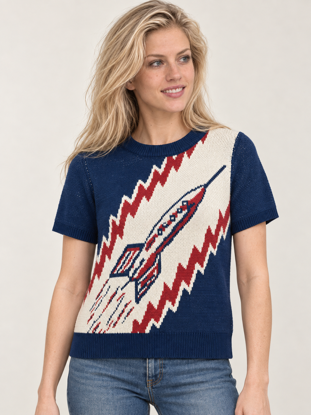 Rocket Sweater Navy front view on Model 6